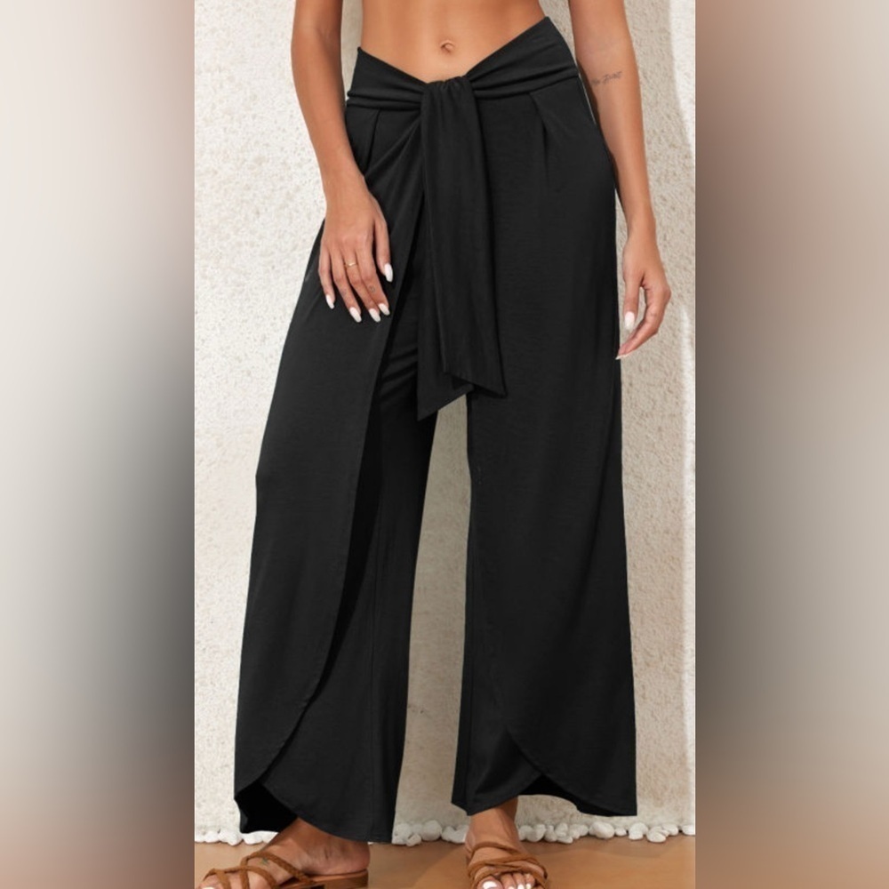 Black Knotted Drop Waist Split Leg Relaxed Fit Pants